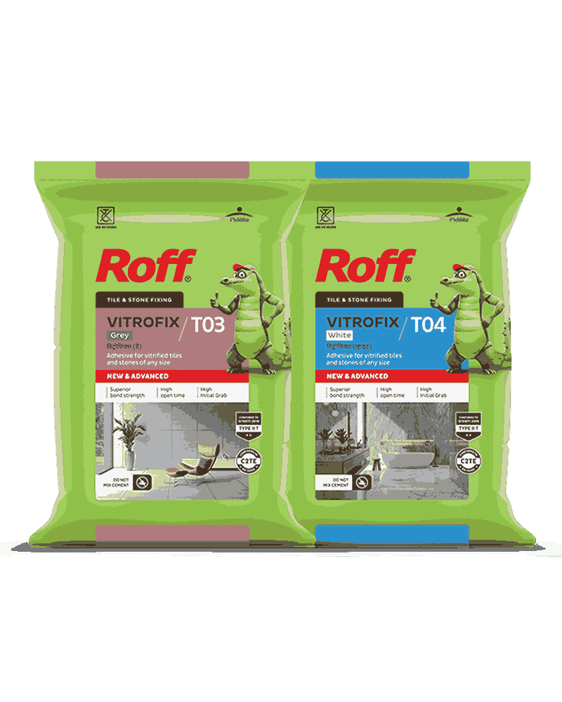 Roff Vitrofix Tile and Stone Gum. It can be used to install Vitrified tile and natural stone of any size in Internal purposes and flooring in External area.
