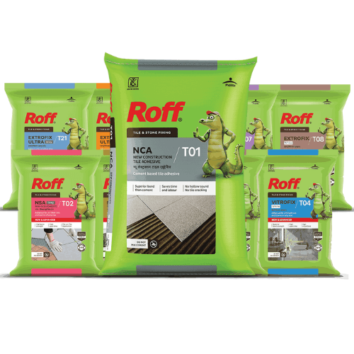 Roff tile adhesives range including T01, T02, T03, Vertifix, MasterFix and epoxy adhesives available in Trivandrum. complete range of Roff tile adhesives used for flooring, wall tiling, tile-on-tile fixing, stone installation, and repair work. The range includes Roff T01 for new construction, T02 for vitrified tiles and tile-on-tile work, T03 for exterior and wet areas, Vertifix for vertical and ceiling fixing, MasterFix for heavy-duty stone applications, and epoxy solutions for specialized bonding. These products are widely used by tile workers, contractors, and builders across Trivandrum for reliable and long-lasting tile installation.
