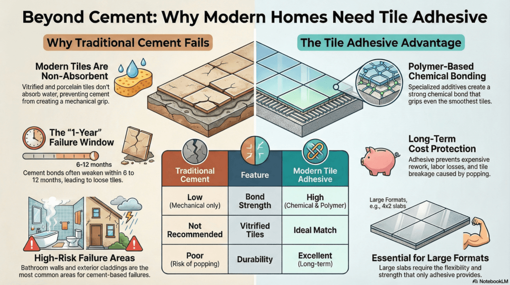 The reason cement worked in the past but fails today is the fundamental shift in tile porosity. Earlier homes primarily used ceramic tiles that absorbed water, allowing cement to form a functional bond; however, modern tiles like vitrified and porcelain are non-absorbent, meaning cement cannot "grip" them, leading to structural failure