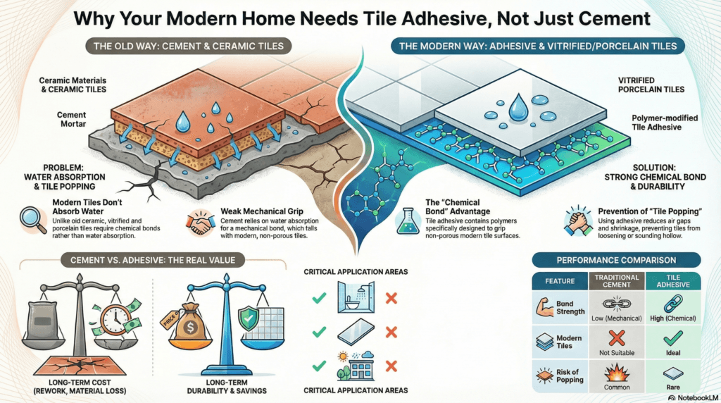 Modern tile adhesive surpasses traditional cement for fixing vitrified and porcelain tiles. While cement lacks grip on non-absorptive surfaces, adhesives use polymers to create a strong chemical bond. This prevents tile popping and ensures long-term durability.